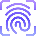 Blue fingerprint icon surrounded by a square scanning frame on a gradient background.